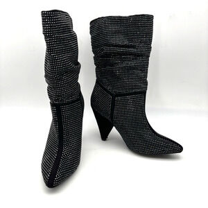 Vintage Y2K Report 'CASI' Black Faux Suede Rhinestone Block Heel Slouchy Boots 6